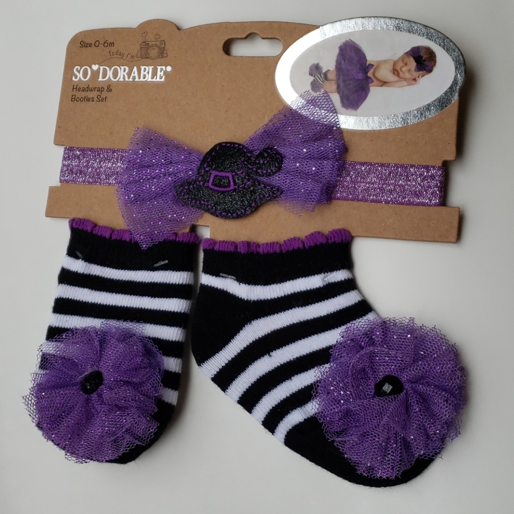 🔥Size 0-6m Headwrap & Bootie Set Purple Witch Hat